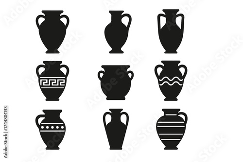 Set of funeral cremation urns and ancient Greek vases. Collection of black silhouette icons for death, memorial, and burial concepts. Antique pottery, amphora vector symbols.