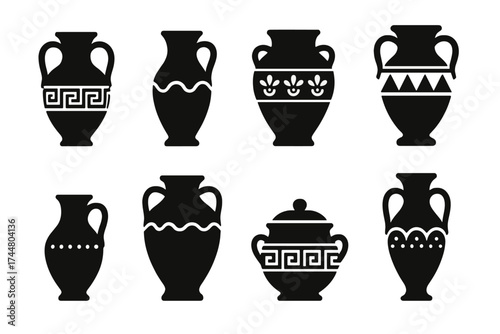 Ancient Greek vases icon set. Black silhouette of antique pottery amphora. Vector collection of classic roman urns with geometric ornament for history or museum logo design.