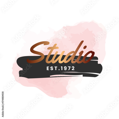 Elegant logo design with a soft pink watercolor background and a metallic gold brush ribbon