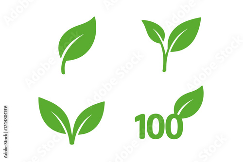 Set of green leaf icons. Vegan, 100% natural product, organic food sticker. Vegetarian, eco, bio, and fresh symbol. Sprout, plant growth concept vector illustration.
