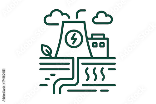 Geothermal energy icon. Power plant symbol. Eco friendly industry concept. Sustainable and renewable energy. Clean electricity from earth heat. Geothermic power station vector.