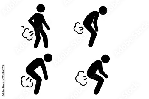 Farting stick figure man icon set. Person passing gas pictogram collection. Vector symbols for flatulence, digestion problems, bloating, intestinal gas, and bad smelly odor.