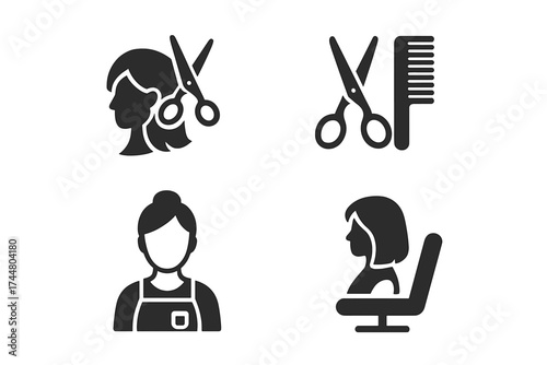 Hairdresser service glyph icon set. Beauty salon concept with stylist, client, scissors, and comb. Haircut and hairstyle symbols for web and mobile. Vector illustration.