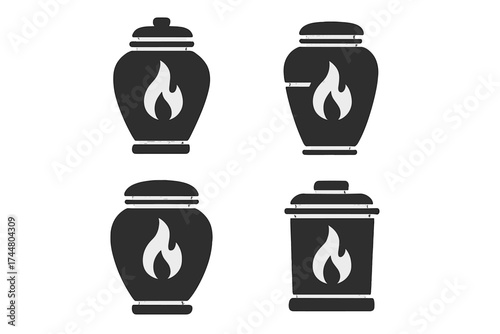 Cremation urn vector icon set for funeral service. Memorial ash container silhouette. Symbol of death, loss, and remembrance. Funeral ceremony object. End of life concept.