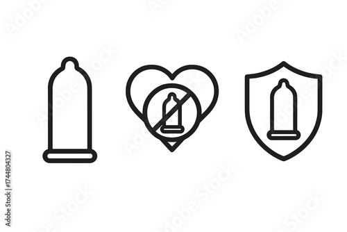 Safe sex condom icon set vector illustration. Contraception method for protection and prevention of STD. Unsafe sex symbol. Shield and love heart with prophylactic.
