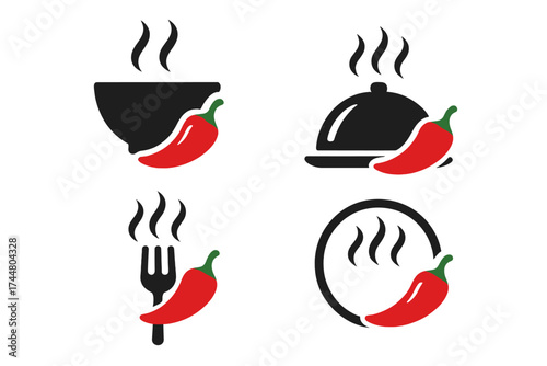 Spicy hot food icon set with chili pepper. Vector symbol collection for restaurant menu. Hot soup in bowl, dish on platter, and fork. Logo design element for gourmet cooking.