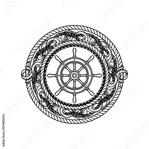 Ships Wheel and Rope Circle Nautical Emblem.