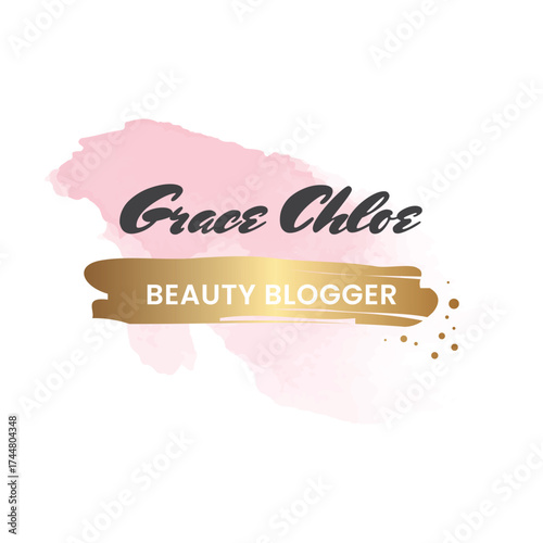 Elegant logo design with a soft pink watercolor background and a metallic gold brush ribbon
