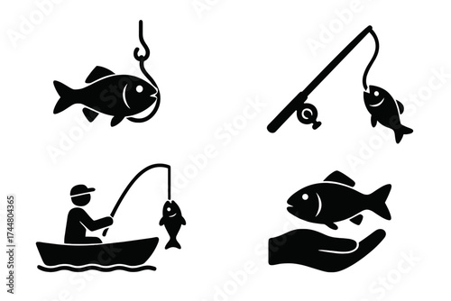 Fishing icon set vector illustration. Fisherman in boat with rod and reel. Fish on hook and in hand. Concept of angling, hobby, sport, and conservation. Catch and release.