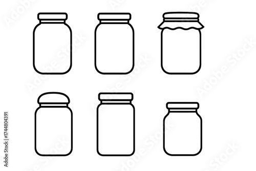 Glass jar vector icons set. Black outline containers with various lids for food storage, canning, and kitchen pantry organization. Empty, reusable minimalist illustration.