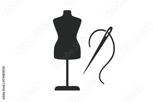 Mannequin with needle and thread silhouette icon. Tailor shop, sewing, and dressmaking concept. Fashion design, handmade clothing, and atelier symbol. Vector logo for boutique.