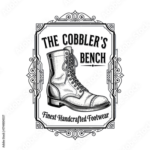 The Cobblers Bench logo featuring a detailed boot design and elegant frame.