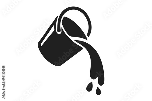 Pouring paint bucket icon. Spilling liquid symbol. Concept of renovation, home improvement, art, craft. Pail with color, water, oil dropping. Simple flat vector silhouette.