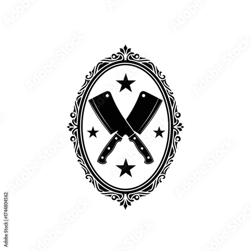 Two crossed butcher knives inside an ornate oval frame with stars.