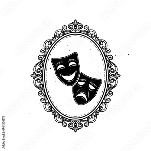 Theatrical masks of comedy and tragedy framed within an ornate oval mirror.
