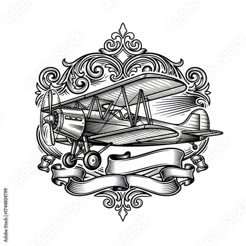 Vintage Biplane Aircraft in a Classic Engraving Style.