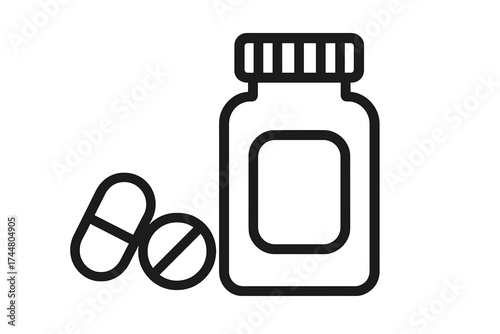 Pill bottle icon. Medicine, pharmacy, and healthcare concept. Vector line illustration of drugs, tablets, capsules. Medical treatment, prescription drugs, vitamins, supplements.