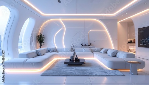 Interior perspective showcases a futuristic, minimalist living space, showcasing white furniture, a low profile coffee table, and integrated ambient lighting along curved walls.