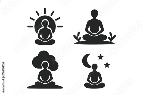 Meditation yoga icon set. Person in lotus pose silhouette. Spiritual retreat for harmony, relaxation, mental health. Mindfulness wellness vector symbols for day and night.