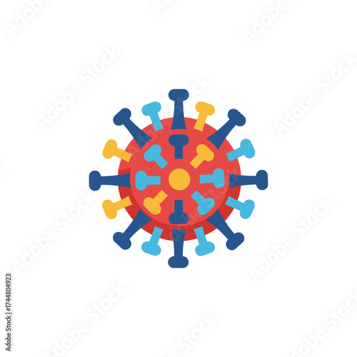 A stylized illustration of a virus particle with colorful spikes, isolated on white.