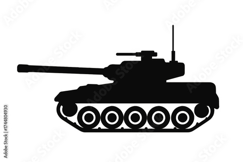 Military battle tank vector icon silhouette. Army combat vehicle symbol for war and conflict. Armored weapon illustration. Heavy panzer graphic for armed forces design.