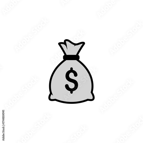 A simple illustration of a gray money bag with a black dollar sign on a white background.