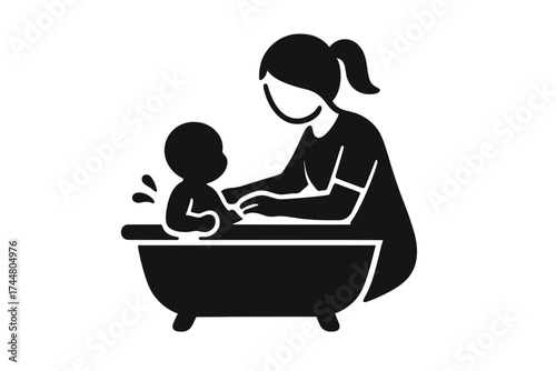 Mother washing baby in bathtub icon. Concept of childcare, hygiene and family care. Parent bathing newborn child. Woman with infant. Mom and kid silhouette vector illustration.