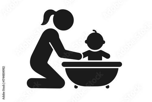 Mother washing baby in bath icon. Parent bathing child. Pictogram of maternity, childcare, hygiene. Family care, daily routine. Woman helping newborn in bathtub vector.
