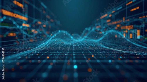 An abstract digital illustration showcasing data visualization with glowing lines and particles, representing complex information and technological advancements.