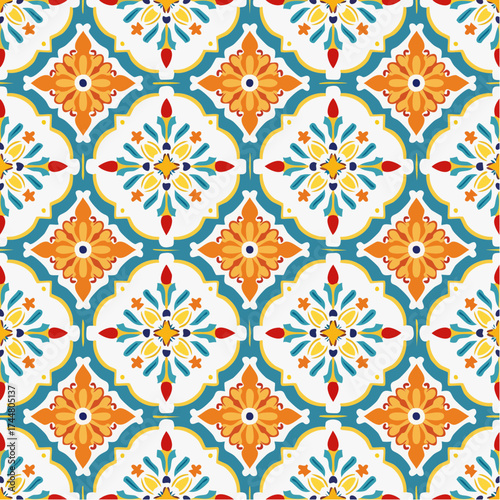 A seamless Andalusian wall tile pattern with colorful geometric motifs. Perfect for Mediterranean interiors, packaging, and decorative projects.
