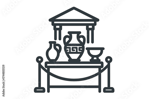 History museum concept, ancient pottery exhibition vector icon. Greek amphora, antique vase on display. Archaeology artifact, culture heritage symbol. Outline illustration gallery.