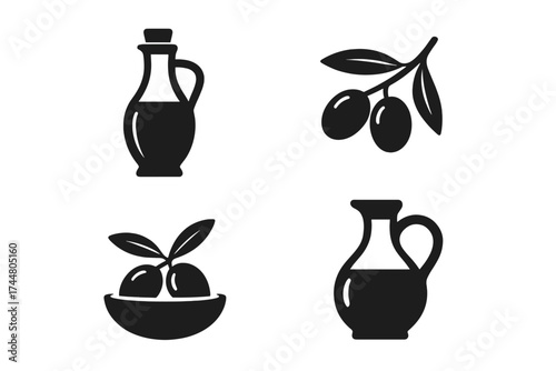 Olive oil vector icon set. Extra virgin olive oil bottle and jug. Olive branch with leaves. Healthy eating and Mediterranean diet concept. Natural organic food ingredient logo.