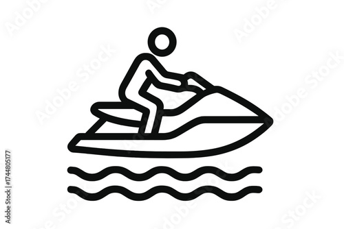 Jet ski vector icon. Person riding a personal watercraft. Summer water sport and vacation activity. Man on a water scooter. Extreme sea fun, leisure, travel concept line art.