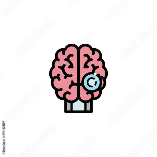 Stylized illustration of a pink human brain with a magnifying glass examining a section, representing medical research and cognitive analysis.
