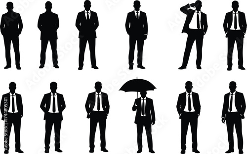 Businessman silhouette vector set, corporate male poses, office attire illustration, professional gesture icons, executive posture clipart, formal suit character design, business people graphic