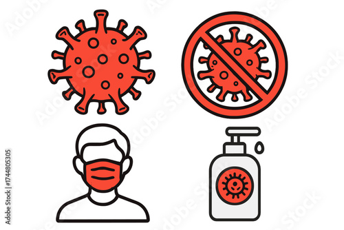 Pandemic Covid-19 Virus Illustration Set with Transparent Background. Vector Signs of Virus, Prevention, Face Mask, Sanitizer, Antiviral Protection Symbols, Health Safety Concepts