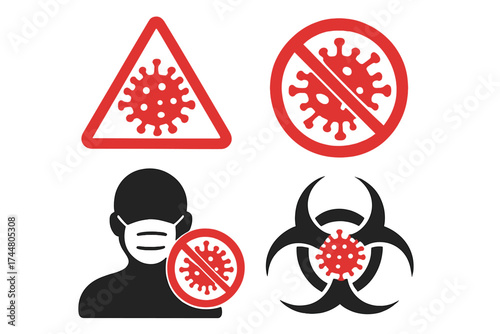 Pandemic COVID-19 virus warning signs set, red and black biohazard, coronavirus prohibition and safety mask icons, vector illustration on transparent background