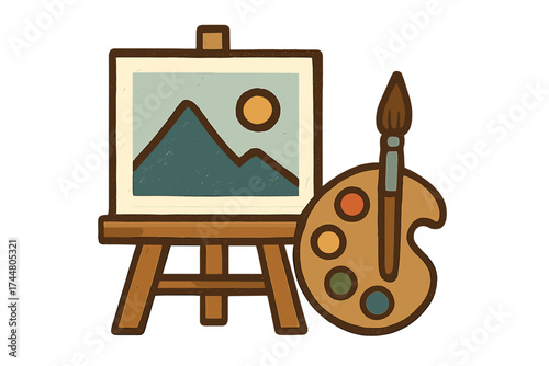 Painted picture icon with artist palette and brush, art concept vector illustration, creative painting symbol, canvas with mountain landscape and sun, art tool set, transparent background