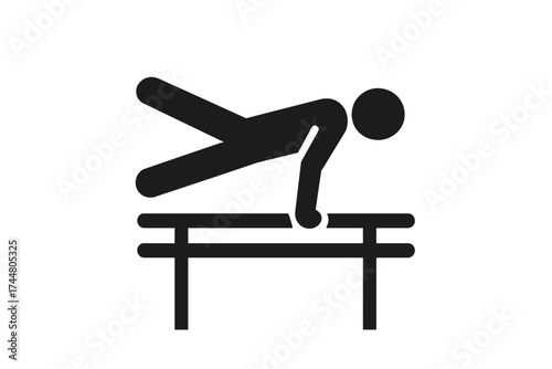 Parallel bars gymnastics icon, male athlete performing athletic exercise, sports training silhouette, artistic gymnastics equipment, fitness workout vector illustration
