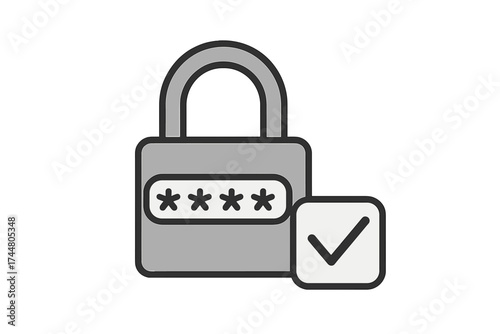 Secure password access padlock icon vector illustration, transparent background, security lock with password protection, safe data access, password verification checkmark, digital privacy concept
