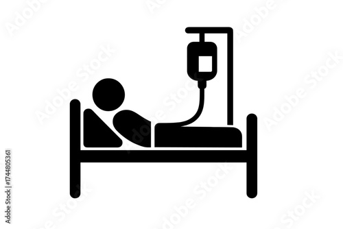 Hospital patient icon vector, medical care illustration with IV drip in bed, healthcare symbol, transparent background, hospital bed silhouette, health treatment concept, medical vector graphic