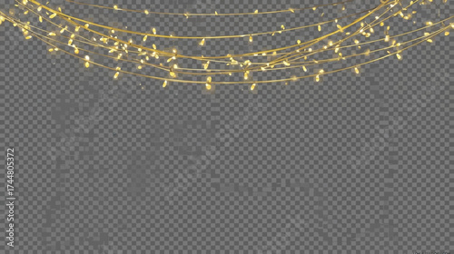 Golden string lights illuminate a transparent background, creating a festive and joyful atmosphere suitable for celebrations and holiday decorations.