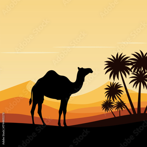 Vector illustration of camel silhouette in desert landscape with sand dunes, palm trees, and mosque at sunset, symbolizing Arabian culture, wildlife, and travel in minimal flat style artwork.
