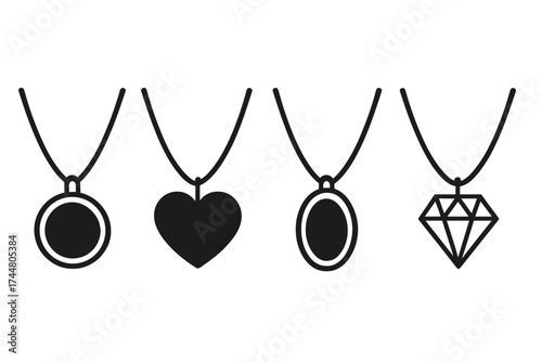 Set of pendant necklace jewelry icons vector illustration with transparent background, including round, heart, oval, and diamond-shaped charms, fashion accessories