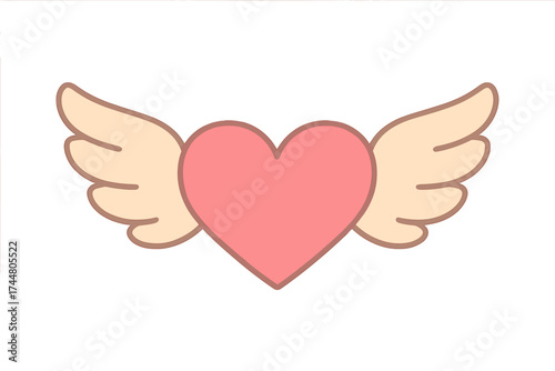 Pink heart with angel wings flat vector illustration, love symbol, romantic winged heart design, cute flying heart graphic, Valentine’s Day vector art, transparent background