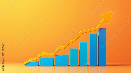 A vibrant orange background displays a blue bar graph with a rising yellow arrow, illustrating upward financial growth and positive market trends for investors.