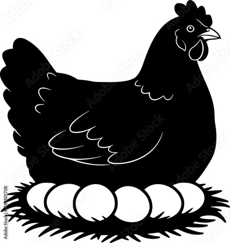 Nurturing hen sitting on nest with eggs silhouette showcasing maternal farm bird caring for future chicks in classic pose