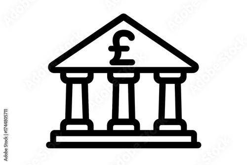 Pound bank building icon vector illustration with UK currency symbol, classic financial institution facade, transparent background, money, finance, banking concept