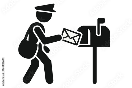 Postman delivering letter to mailbox icon vector, mail carrier silhouette with envelope, postal service delivery concept, logistics and communication symbol, black and white illustration