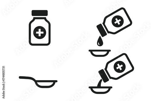 Pouring medicine dosage icons vector set. Medicine bottle with cross symbol, transparent background, medical liquid dropping into spoon, health and treatment concept illustration